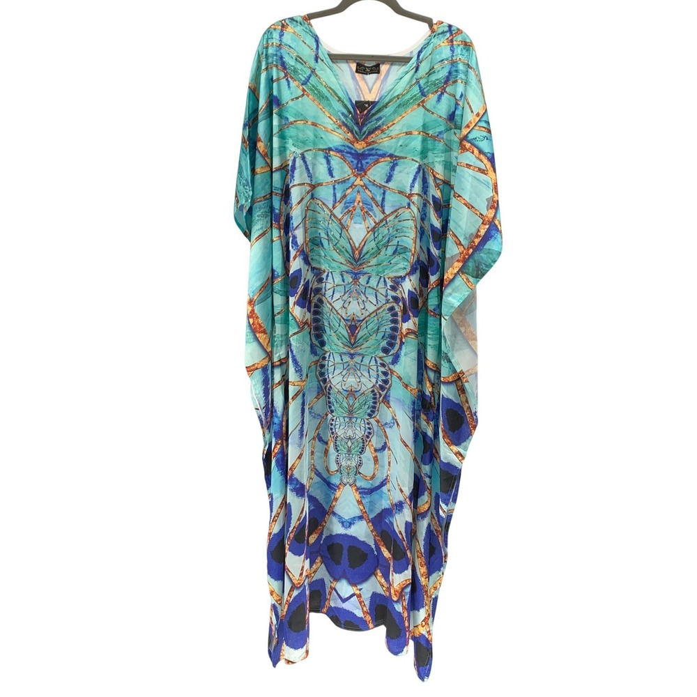 Nazila Couture Silk Blend Butterfly Caftan Teal Blue Rhinestone Maxi One Size